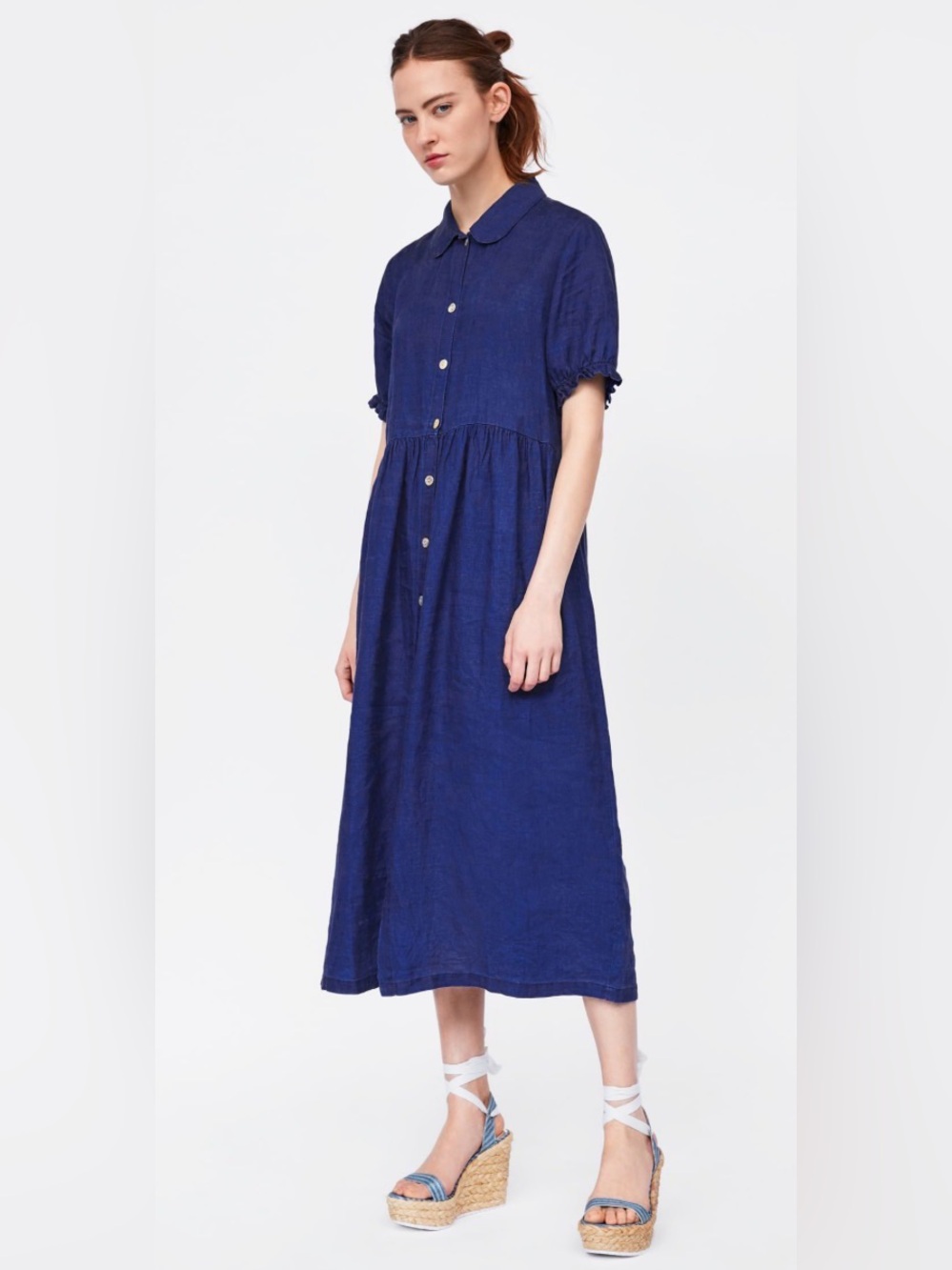 Zara Women blue 100% linen midi shirt dress. Peter Pan Collar & puff sleeves